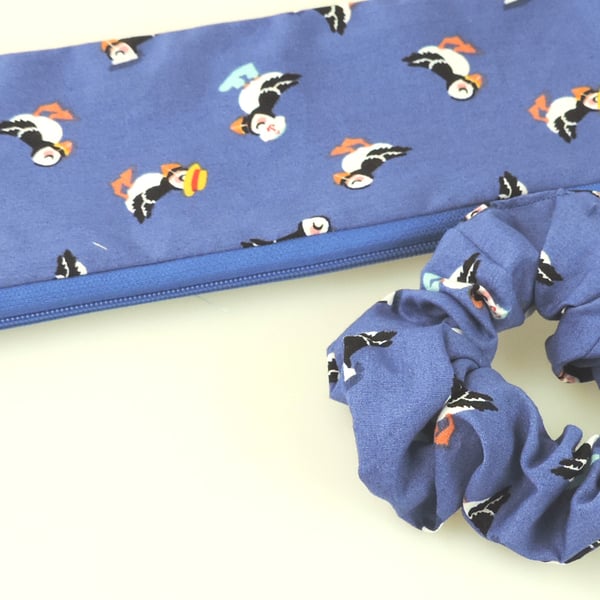 Puffin Pencil case, Zipped lined, Puffins in hats & wellies & hair Scrunchie