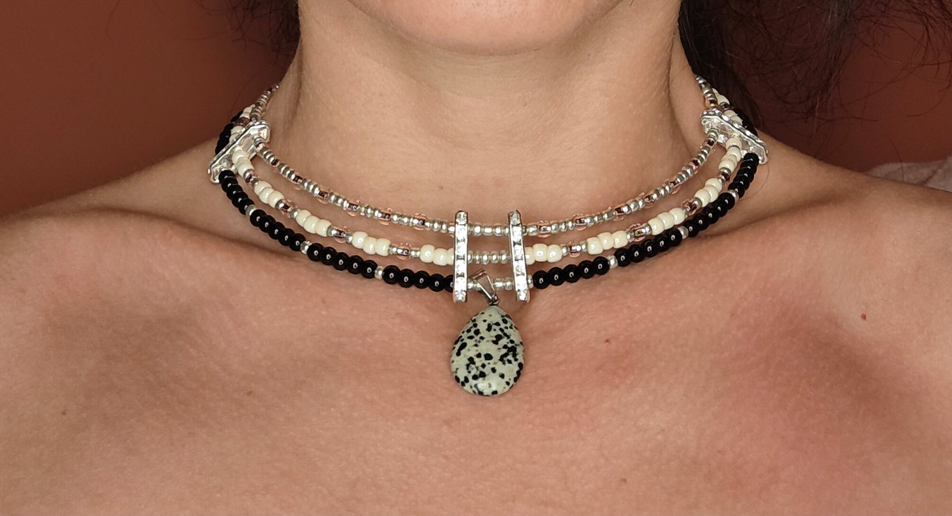 Midnight Dalmatian Handmade Multistrand Choker with Spotted Stone Pendant