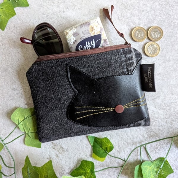 Denim Cat Motif Purse or Small Makeup bag with Black Cat Motif