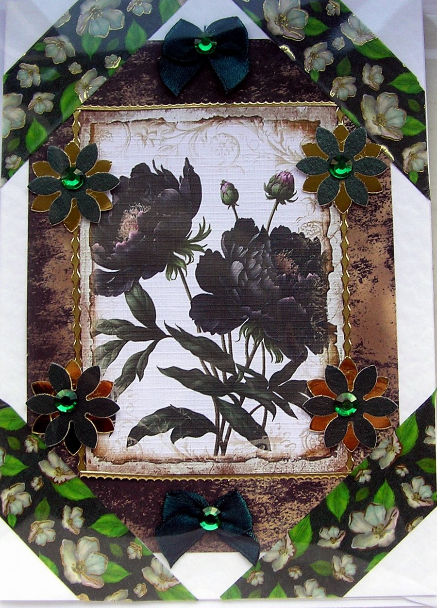 Black Peony - Hand Crafted Decoupage Greeting Card - Blank 2854