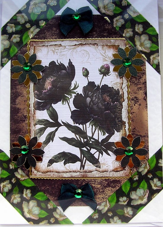 Black Peony - Hand Crafted Decoupage Greeting Card - Blank 2854