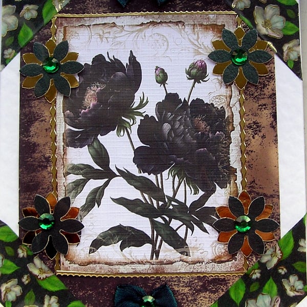 Black Peony - Hand Crafted Decoupage Greeting Card - Blank 2854