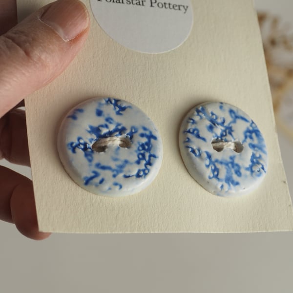 Chunky Blue and White Ceramic Buttons, set of 2