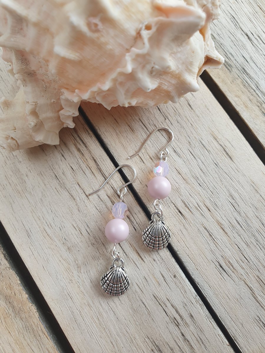 Seashell Swarovski Crystal & Pearl Dangle Earrings