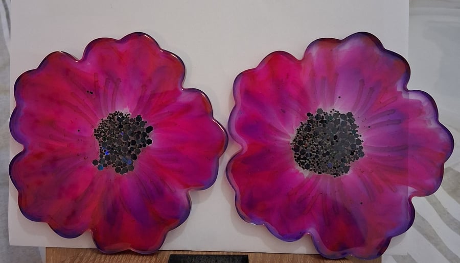 Set of two handmade epoxy resin flower coasters.  