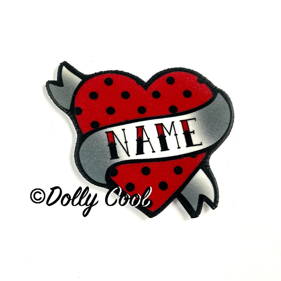 Polka Dot Heart Brooch Custom Personalised Name - Your choice of word Hand Made