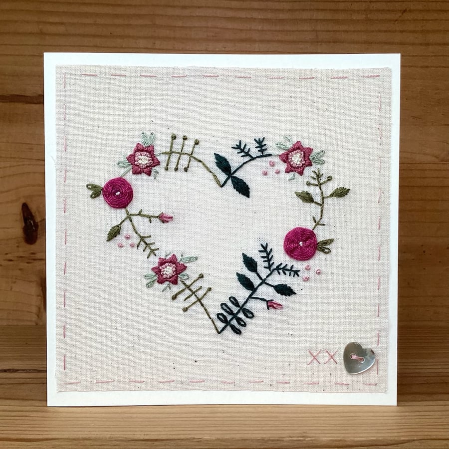 Floral Heart in pinks hand embroidered card