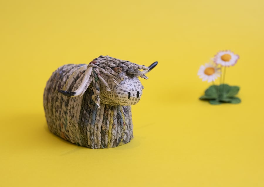 Unique recycled papermache highland cow ornament