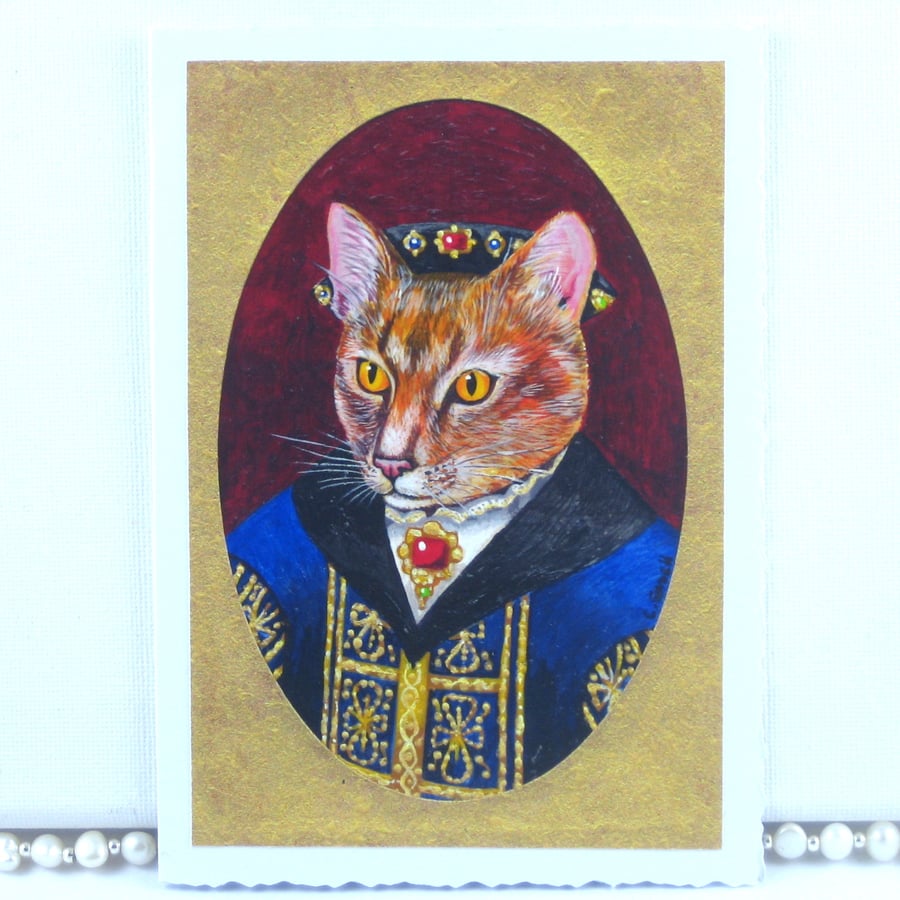 Tudor Gentleman Cat Miniature Portrait Blank Card