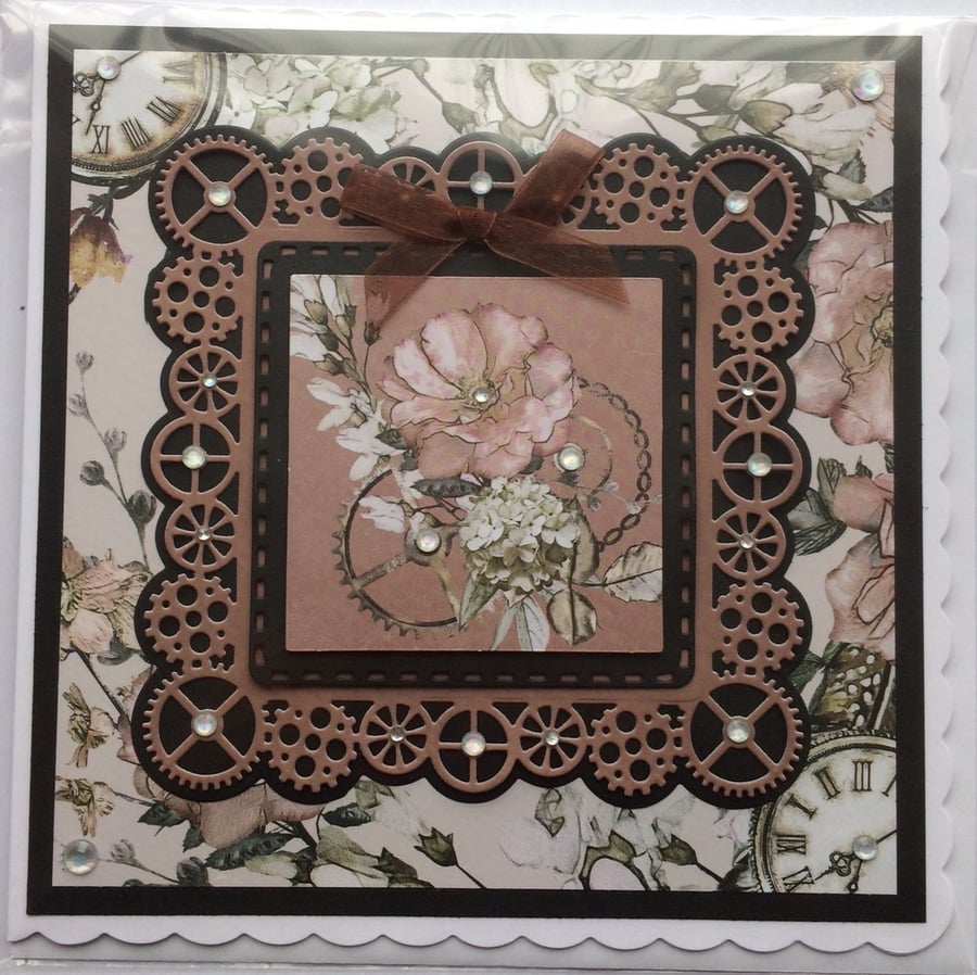 Steampunk Card Clocks Cogs Flowers Blank Any Occasion 3D Luxury Handmade Card