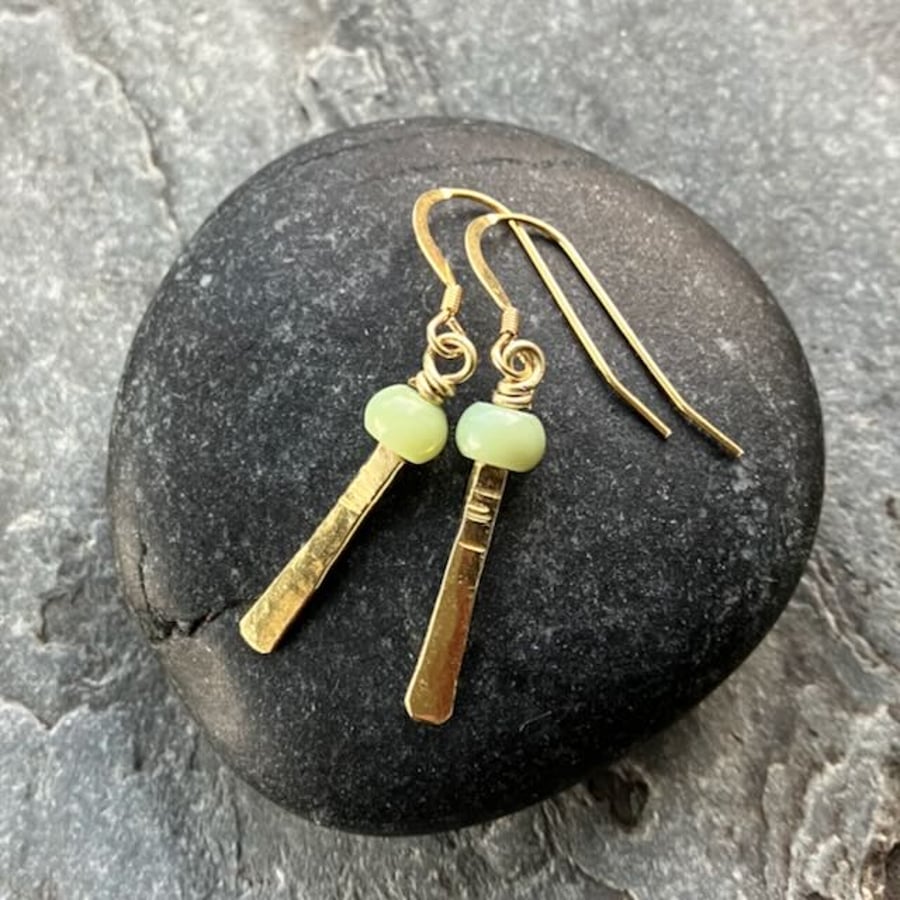 Gold Coloured Drop Earrings with Pale Chrysoprase