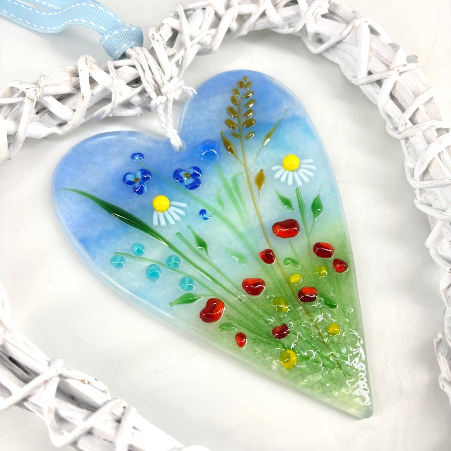 Glass Heart with Pretty Wild Flowers mounted in Wicker Heart