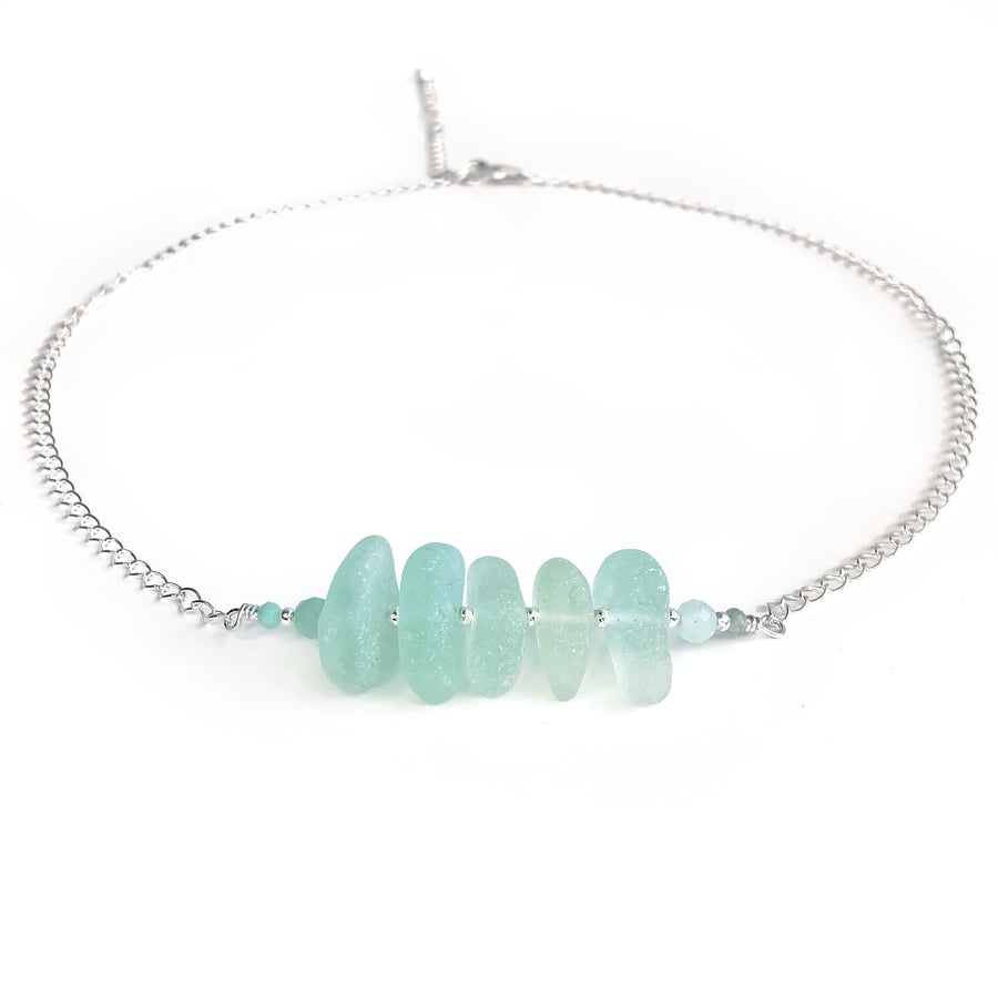 Sea Glass Necklace - Aqua Green and Amazonite Crystal Sterling Silver Jewellery