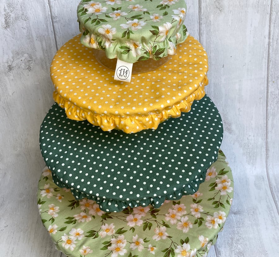 Reusable bowl covers - set of four. Sage green and yellow.