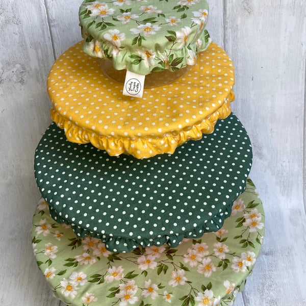 Reusable bowl covers - set of four. Sage green and yellow.