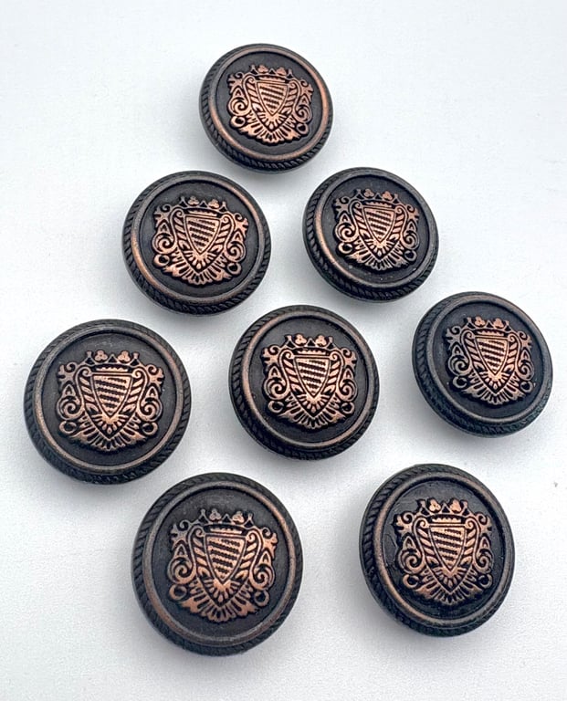8 Lightly Domed 15mm Metal Buttons, Family Crest - Copper Mounted, LARP, Cosplay