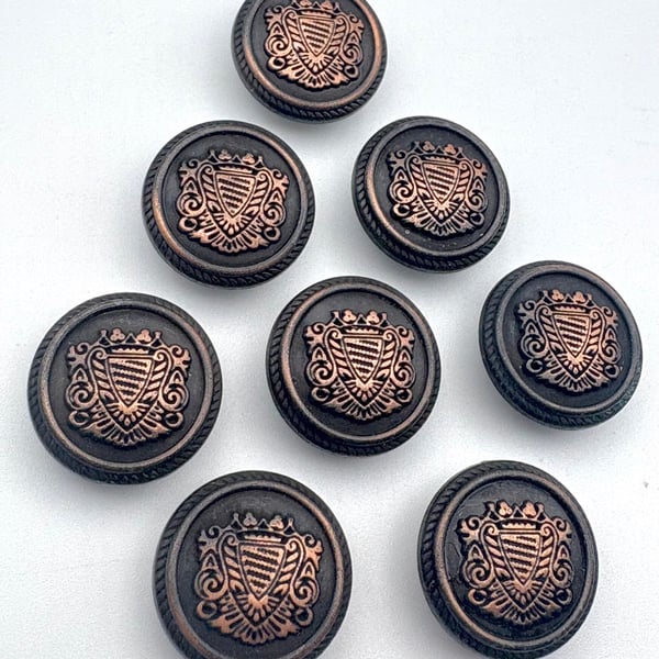 8 Lightly Domed 15mm Metal Buttons, Family Crest - Copper Mounted, LARP, Cosplay