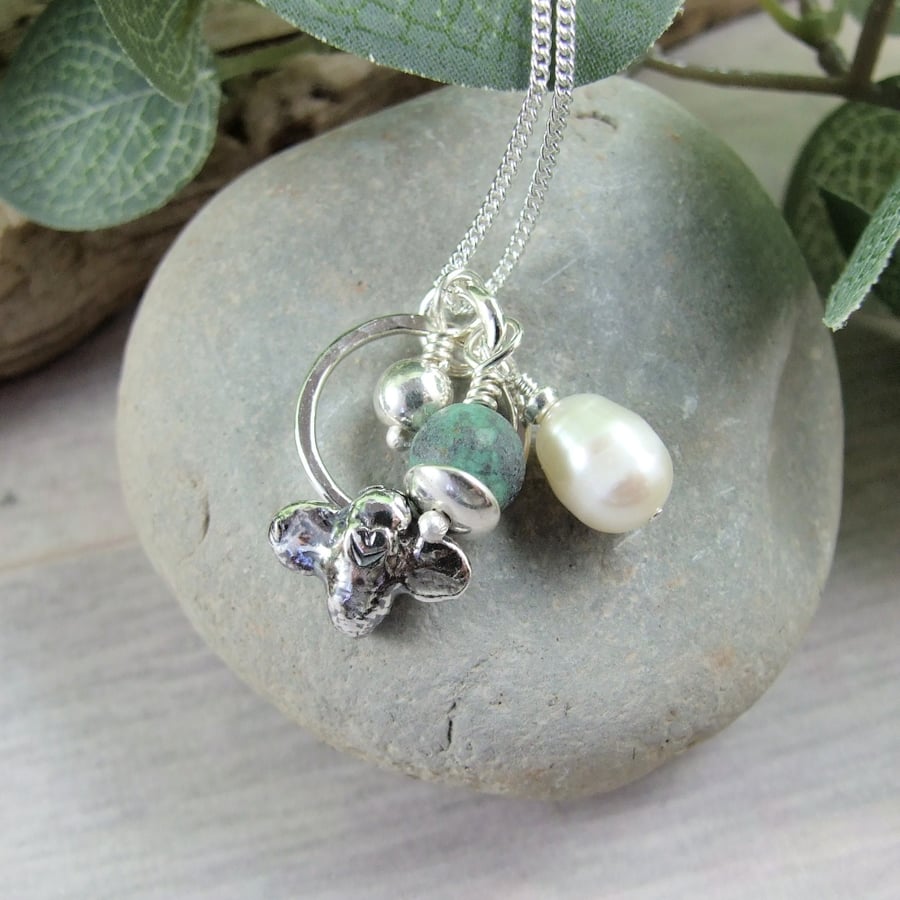 Sterling Silver Bee Charm Necklace with Pearl and Turquoise