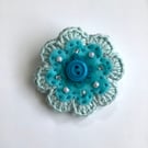 Crochet and Felt Flower Brooch in Turquoise