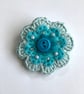 Crochet and Felt Flower Brooch in Turquoise