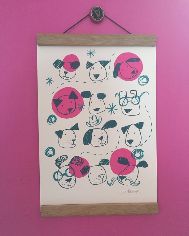 Happy Dogs original screen print by Jo Brown Illustrator- fun decor