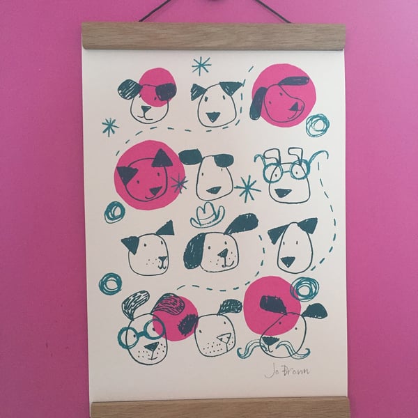 Happy Dogs original screen print by Jo Brown Illustrator- fun decor