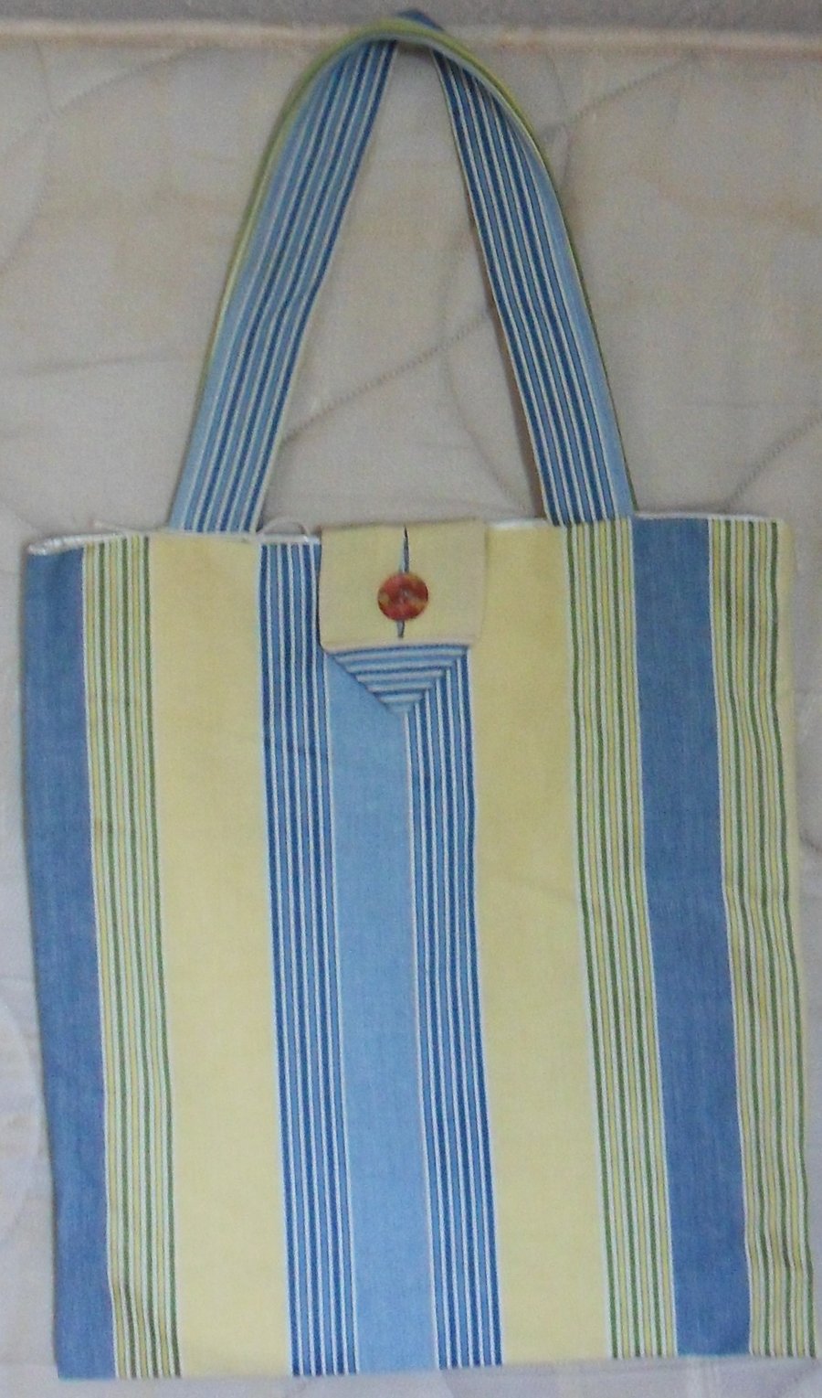 Homemade tote bag. Blue, yellow strip.  Approx measures 15" x 16 half"