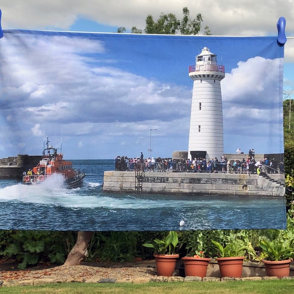 Tea Towel Donaghadee Harbour with Lighthouse and Lifeboat