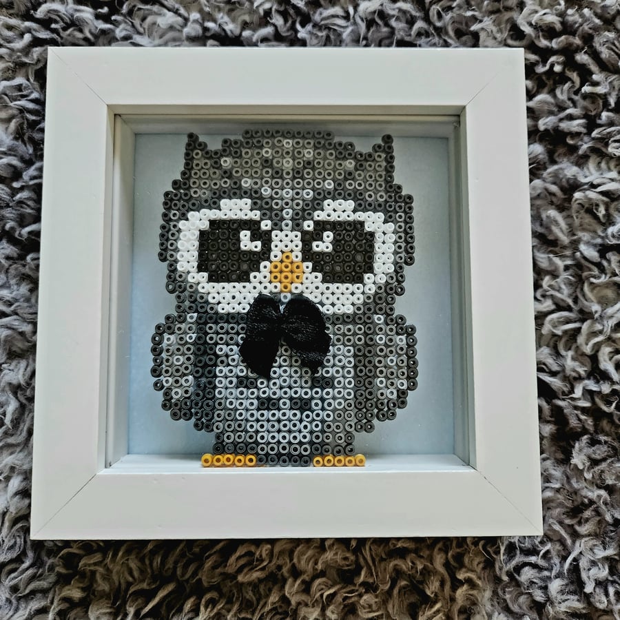 Framed little grey owl made out of mini hama beads 