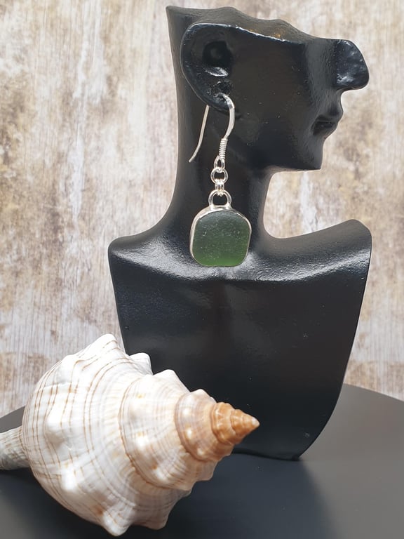 Sterling Silver 925 Olive  Green Seaham Seaglass Earrings