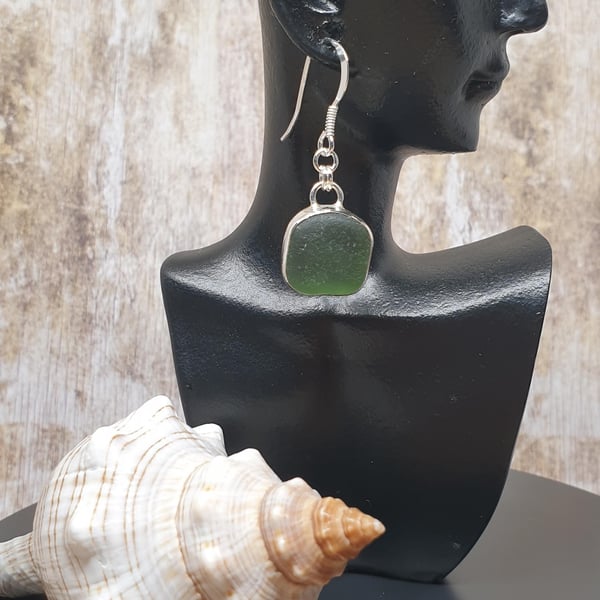 Sterling Silver 925 Olive  Green Seaham Seaglass Earrings