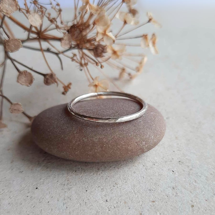 Slim Recycled Sterling Silver Stacking Ring - Hammer Textured 