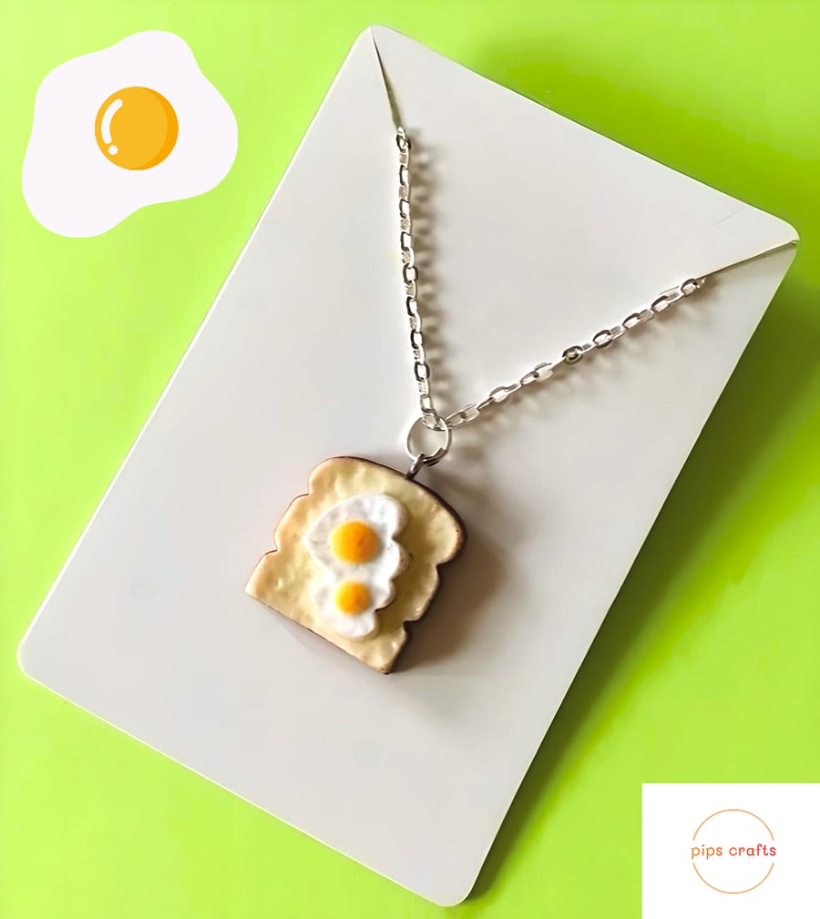 Fun Eggs on Toast Necklace, 18 Inch Chain, Quirky Handmade Jewellery 