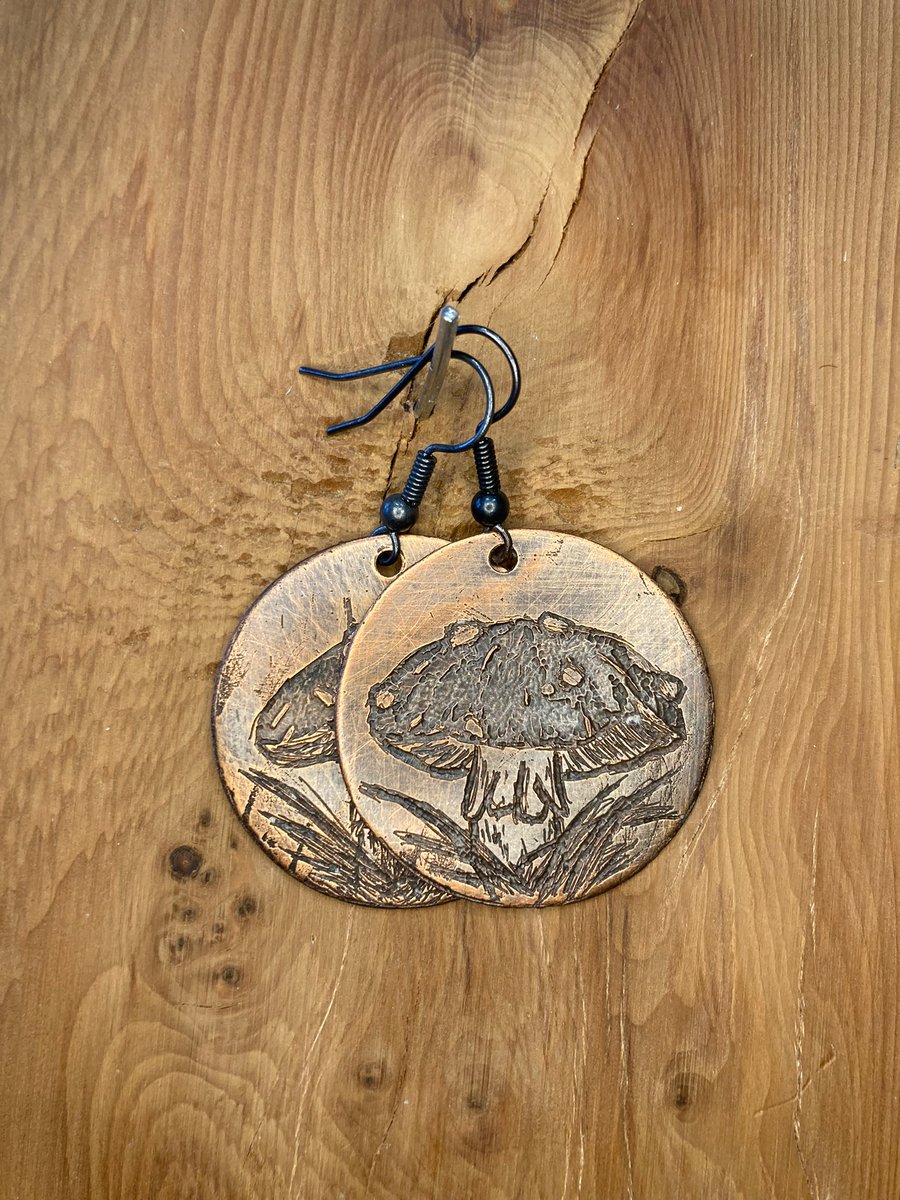 Fly Agaric Mushroom - Handmade Etched Copper Earrings LARGE