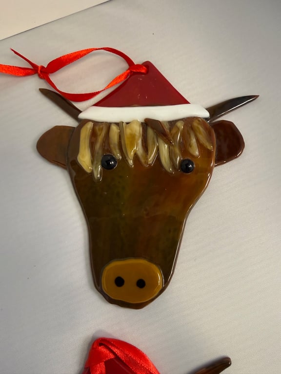 Fused Glass Highland Cow Christmas Decoration