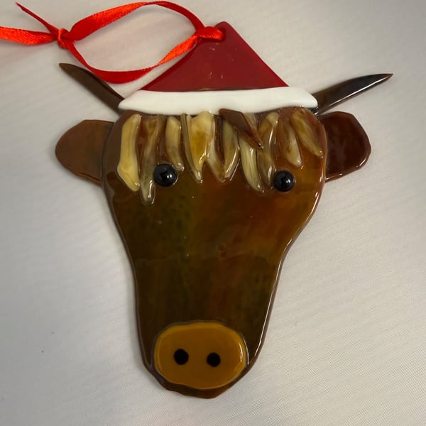 Fused Glass Highland Cow Christmas Decoration
