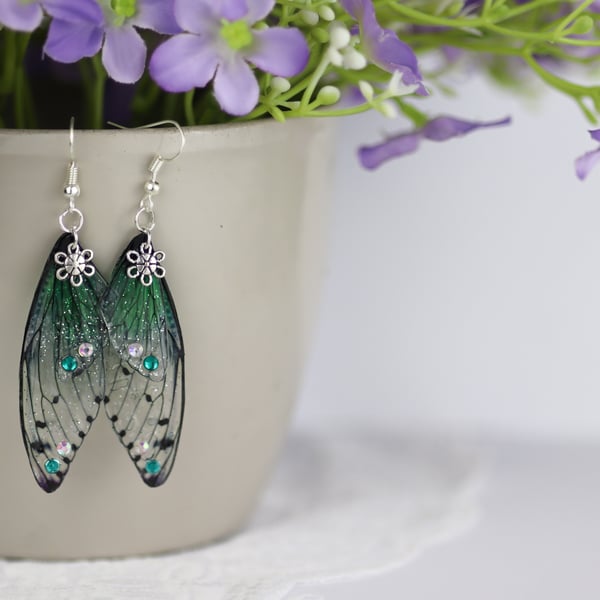Fairy Wing Earrings - Butterfly Cicada - Emerald Green - Fairycore - Gift - Boho