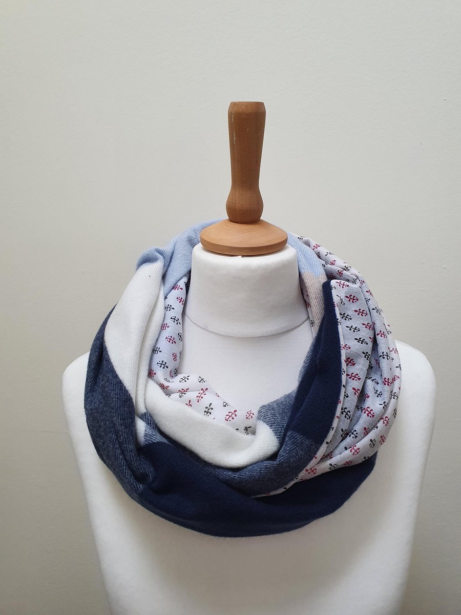 Sari silk and tweed double sided infinity scarf. Shades of navy, cream, blue