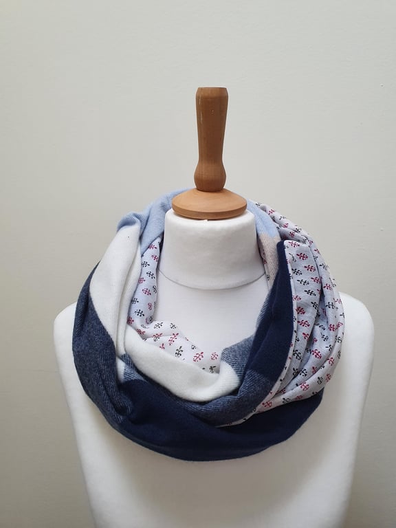 Sari silk and tweed double sided infinity scarf. Shades of navy, cream, blue