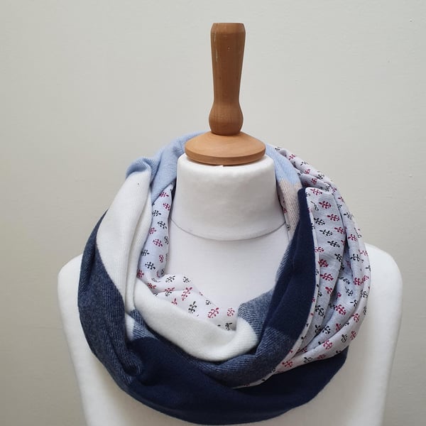 Sari silk and tweed double sided infinity scarf. Shades of navy, cream, blue