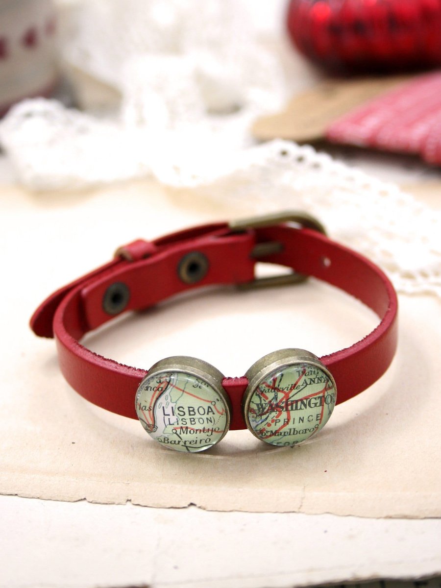 Custom Map Leather Bracelet, Personalised homesick jewellery