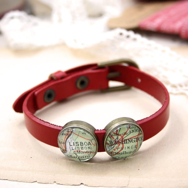 Custom Map Leather Bracelet, Personalised homesick jewellery