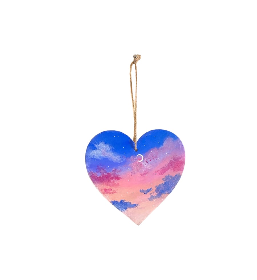 Hand painted wood slice heart hanging decoration sky