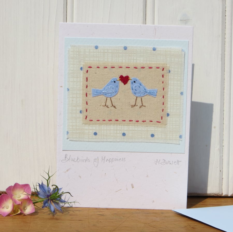 Two Little Bluebirds hand-stitched detailed miniature, a card to keep