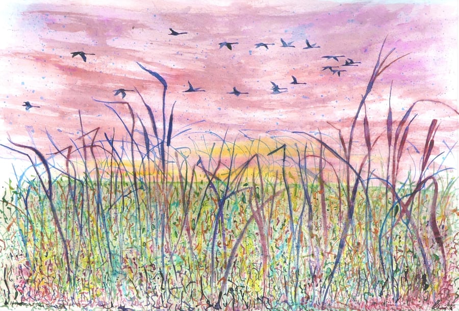 Swan Fen Sunset Landscape  Watercolour Original Painting