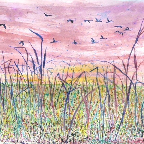 Swan Fen Sunset Landscape  Watercolour Original Painting