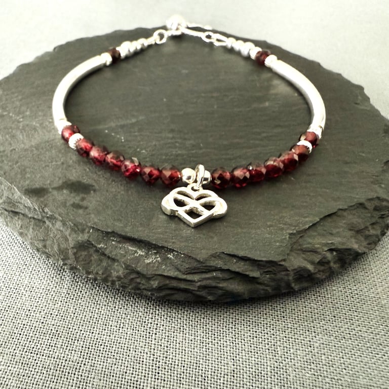 Garnet Noodle Bracelet with Sterling Silver Infinity Heart Charm 