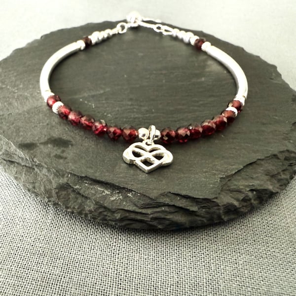 Garnet Noodle Bracelet with Sterling Silver Infinity Heart Charm 