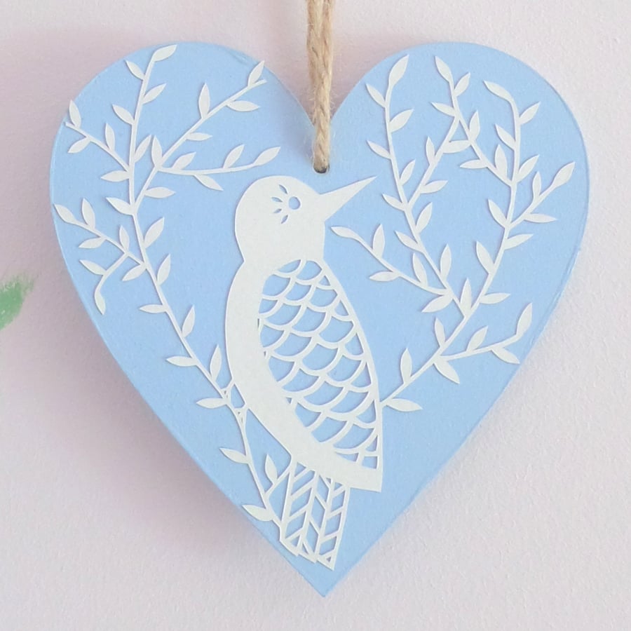 Papercut Wooden Heart Decoration - Bird on Cool Blue
