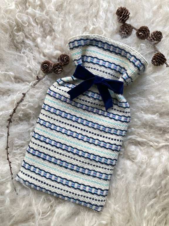 Mini Hotwater bottle - Aqua, Thistle & Navy Blue stripe. Handwoven in Wales